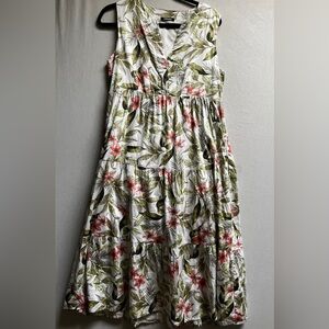 Olsen White Floral Leaf Print Tiered Cotton Sleeveless Midi Dress Pockets Sz 8
